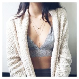 Lace halter deep V neck bra bralette gray silver sexy floral